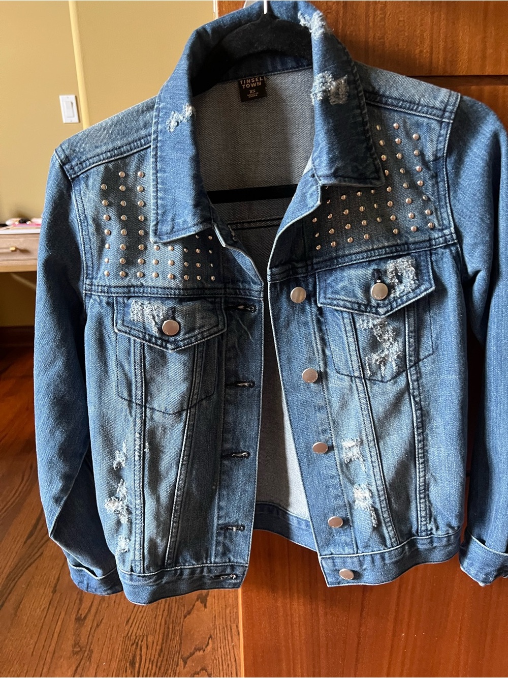 New  Blue Distressed Studded Denim Jacket XS